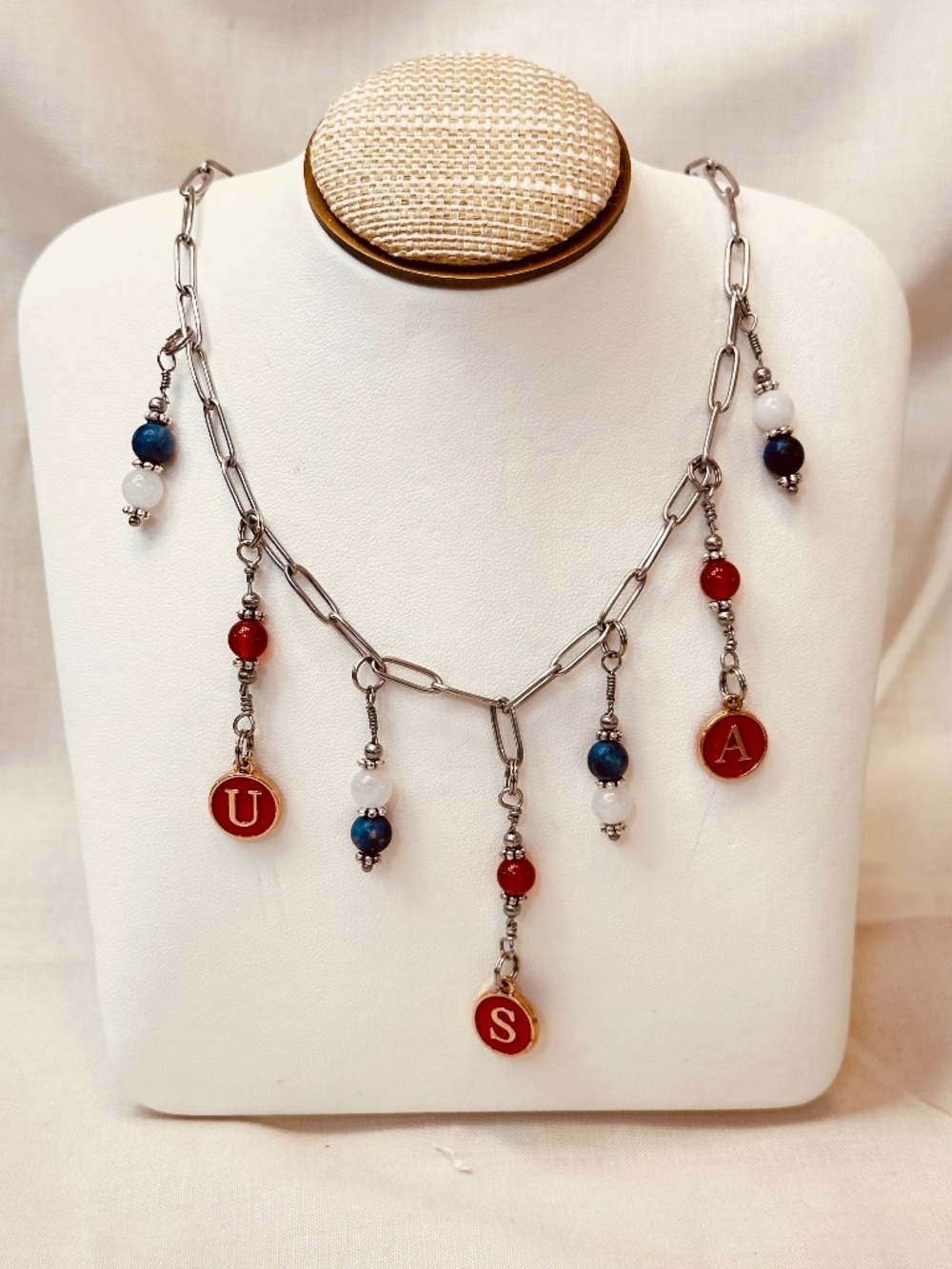 Handmade USA Carnelian Sodalite Quartz Necklace Red White Blue Americana Gift